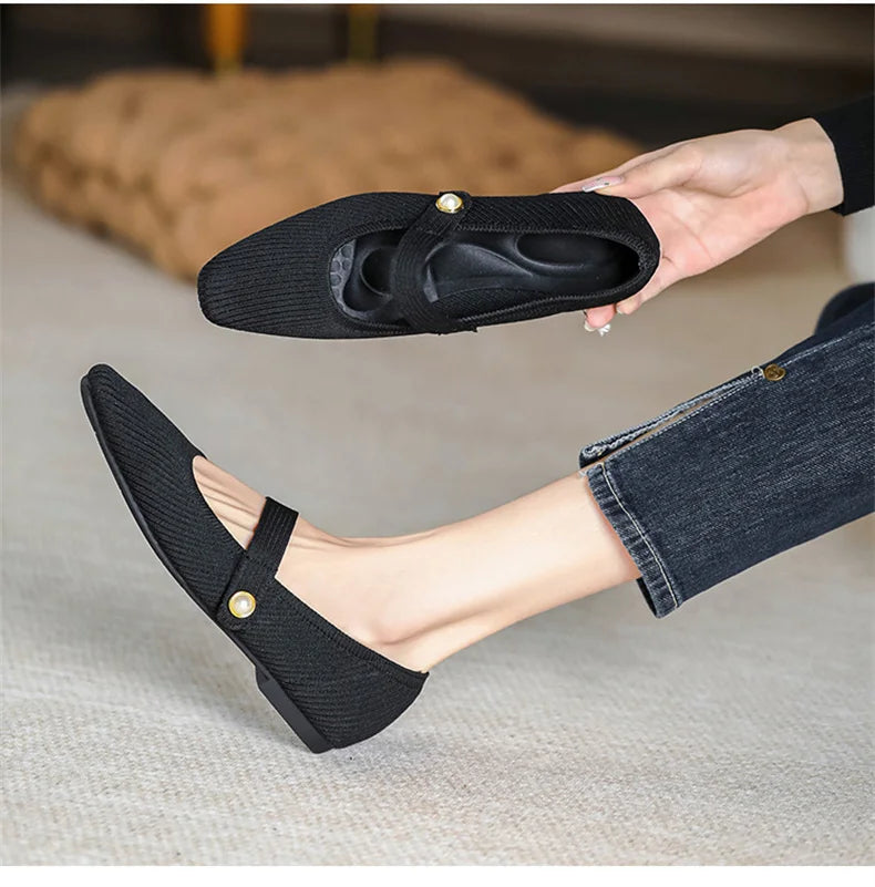 Women's Ankle Strap Weaving Ballerina Flats with Pearl