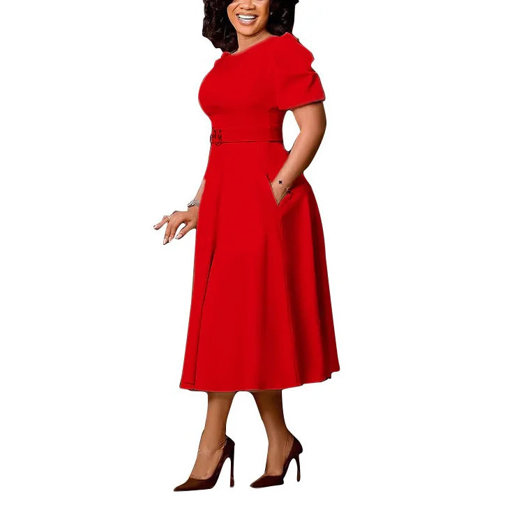 Women's Polyester O Neck Short Sleeve Belted Pleated Mid-Calf Dress