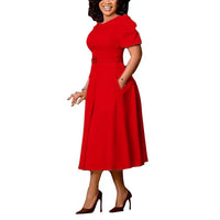 Women's Polyester O Neck Short Sleeve Belted Pleated Mid-Calf Dress