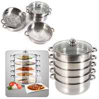 5 Tier Stainless Steel Steamer Pot Set 28cm Large Capacity Stackable Cookware With Glass Lid For Home Kitchen - Buy online at  Vibe In Cart.