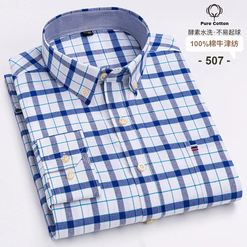 Men's Long Sleeve Plaid Cotton Formal Shirt Regular Fit S-7XL
