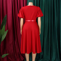 Women's Polyester O Neck Short Sleeve Belted Pleated Mid-Calf Dress