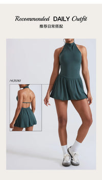 Women Tennis Dresses Quick Drying High Neck Backless Golf Skirt  Built in Shorts with Pockets Gym Running Yoga Dress