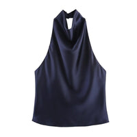 Women's Short Sleeveless Backless Tops with Buttons, Polyester