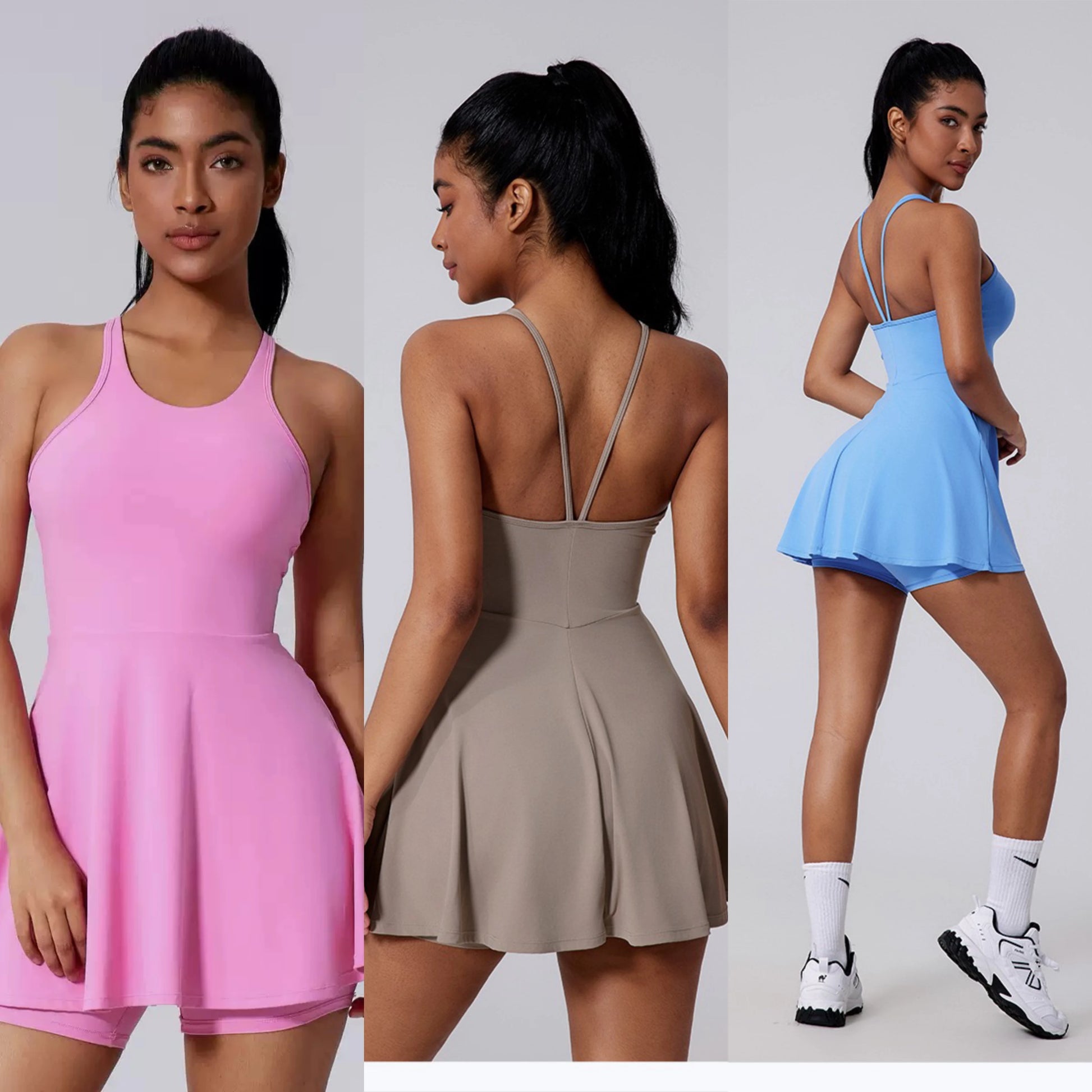 Women Beautiful Back Tennis Dress With Chest Cushion&Shorts Dreathable Outdoor Yoga Golf Skirt Workout Running Badminton Dress