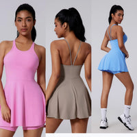 Women Beautiful Back Tennis Dress With Chest Cushion&Shorts Dreathable Outdoor Yoga Golf Skirt Workout Running Badminton Dress