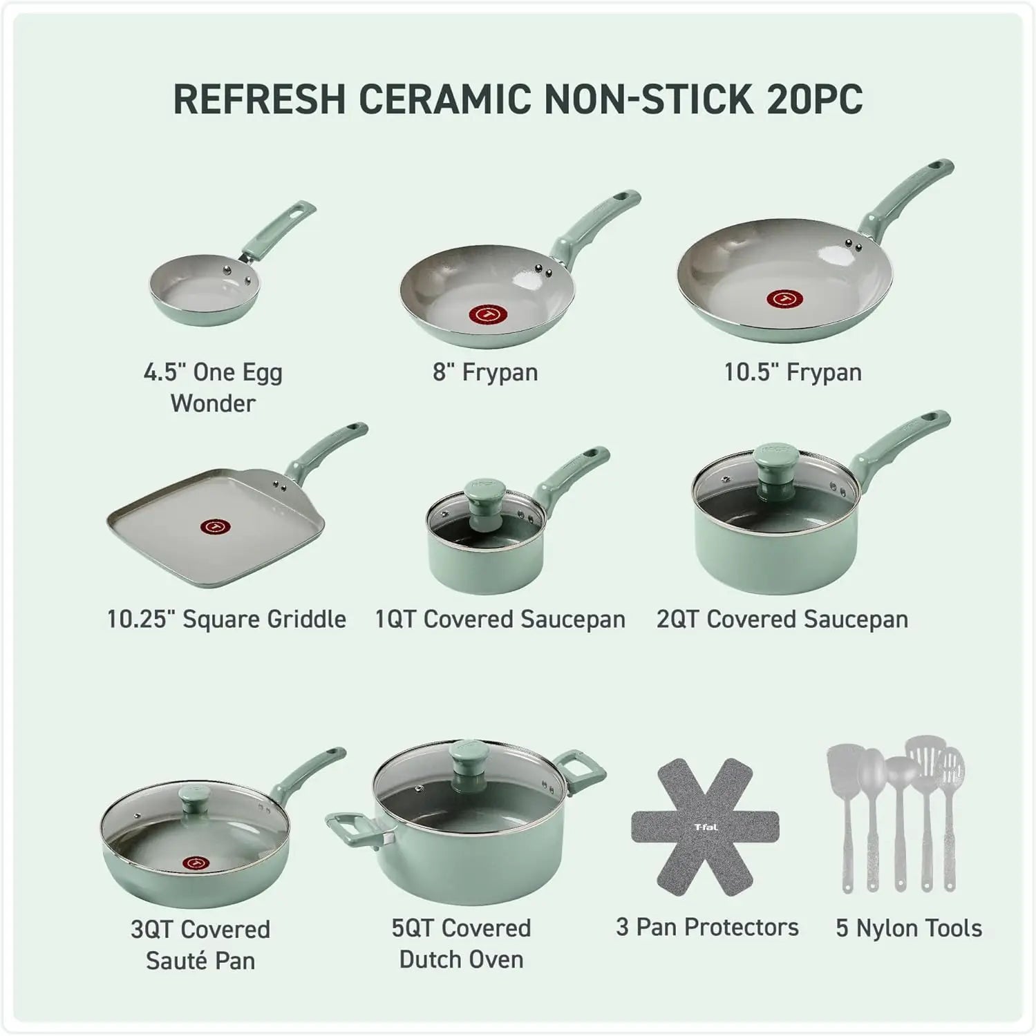 20-Piece Ceramic Nonstick Cookware Set, Oven Safe to 350°F, Includes Pots, Pans, Griddle & Utensils in Mint Green - Buy online at  Vibe In Cart.