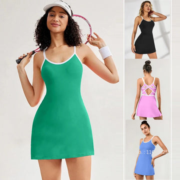 Women Tennis Dress with Inner Short Golf Badminton Skorts Backless Cross Tracksuits Ladies Sleeveless Golf Yoga Dresses S-XL