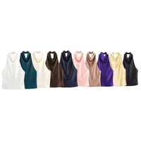 Women's Short Sleeveless Backless Tops with Buttons, Polyester