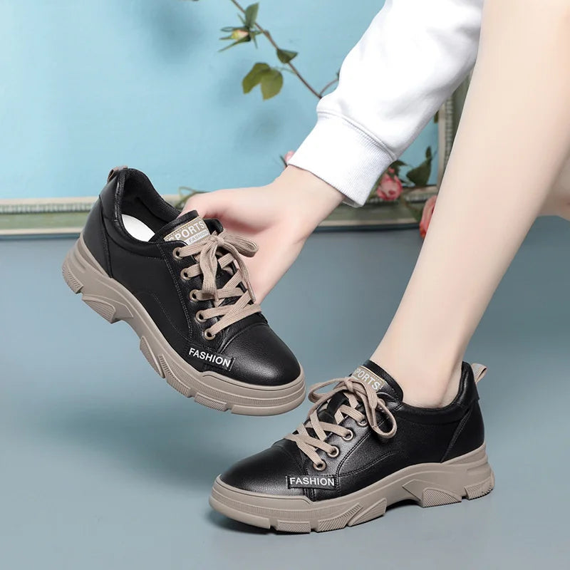 2024 Spring Non-slip Soft Leather Sneaker Trekking Footwear New Women's Thick-soled Lace-up Leisure Skateboard Sports Shoes - Buy online at  Vibe In Cart.