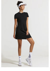 Summer Women Tennis Dress Cotton Female Short Sleeve Black Sport Dress Training Running Fitness Skirt Golf Badminton Dress Suit