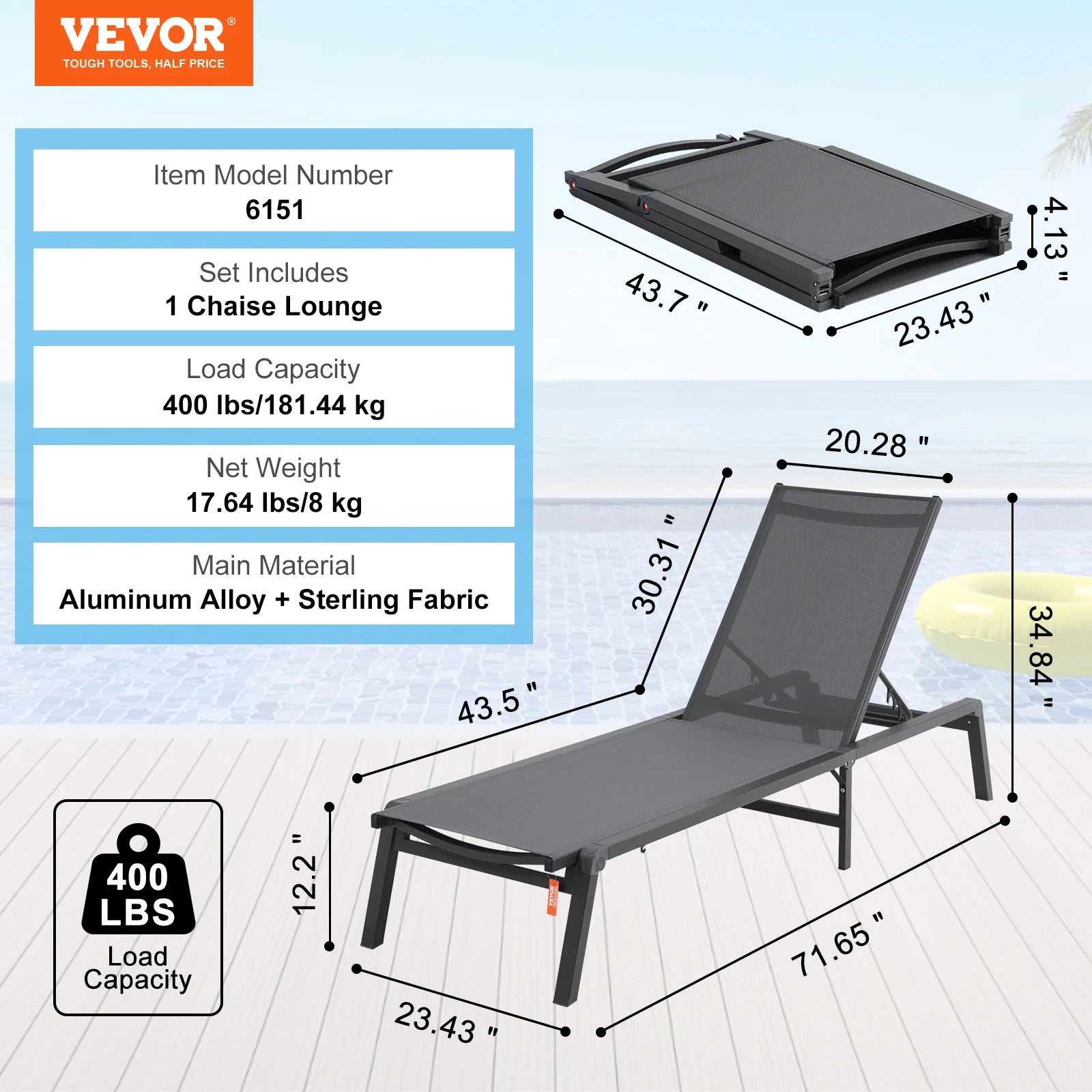 SucceBuy Chaise Lounge Chair Outdoor Aluminum Patio LoungeFolding Pool Lounge Recliner Full Flat for Patio Beach Pool Dark Grey - Buy online at  Vibe In Cart.