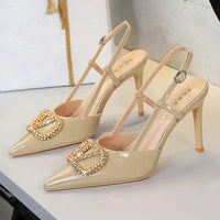Women Metal Decoration 9cm High Heels Sandals Female Patent Leather Back Strap Pumps Lady Pointed-toe Shallow Crystal Shoes - Buy online at  Vibe In Cart.