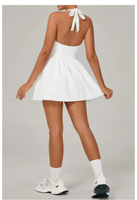 Hanging Neck Tennis Dress Women Solid Color Sleeveless Sports One Piece Pocket Suits Outdoor Running Fitness Yoga Golf Dresses