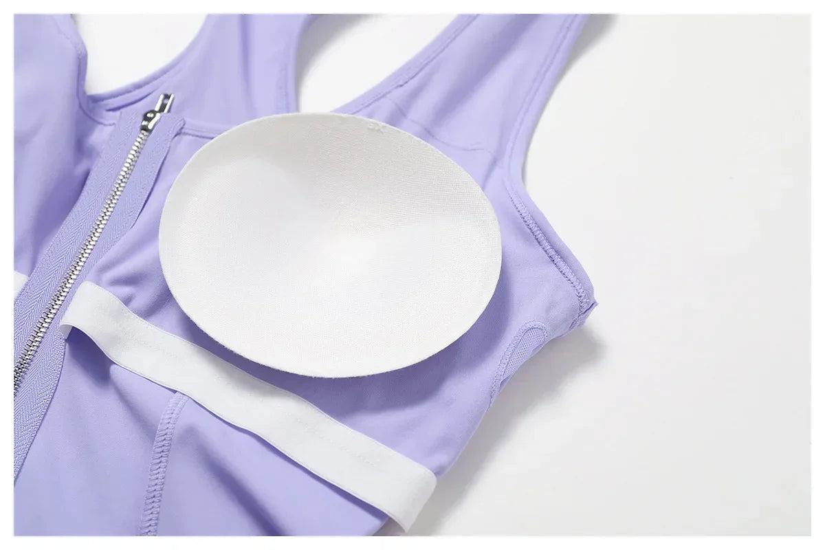 Sleeveless Zipper Tennis Dresses Women's Push-up Workout Yoga Dress Sexy Solid Bodysuit Jumpsuit Skirt Gym Dance Fitness Clothes