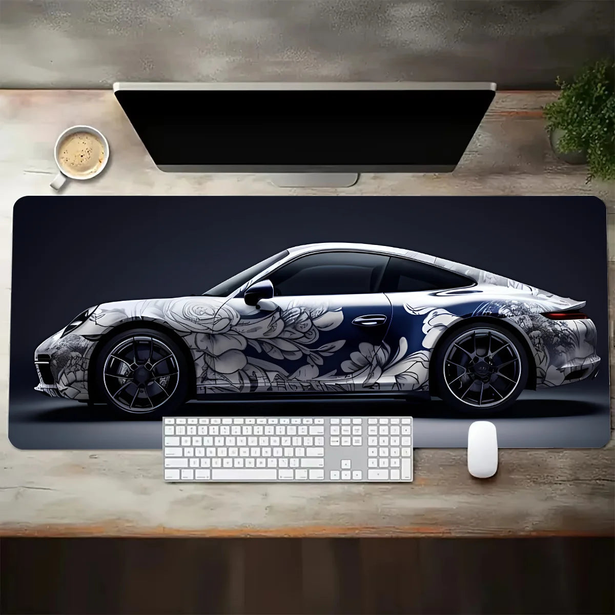 Large White Sports Car Design Gaming Mouse Pad with Anti-Slip Rubber Base