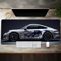 Large White Sports Car Design Gaming Mouse Pad with Anti-Slip Rubber Base