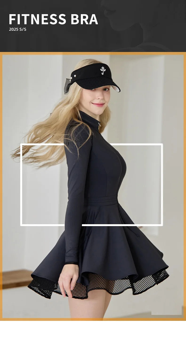 Spring Autumn Tennis Dress with Short Women Lace Ruffle Golf Sports Dresses Long Sleeve Sexy Zipper Skirt Exercise Yoga Clothing