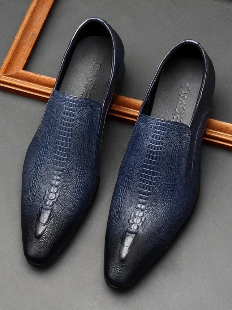 Men's Black And Blue Genuine Leather Oxford Shoes With Crocodile Pattern