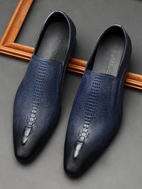 Men's Black And Blue Genuine Leather Oxford Shoes With Crocodile Pattern