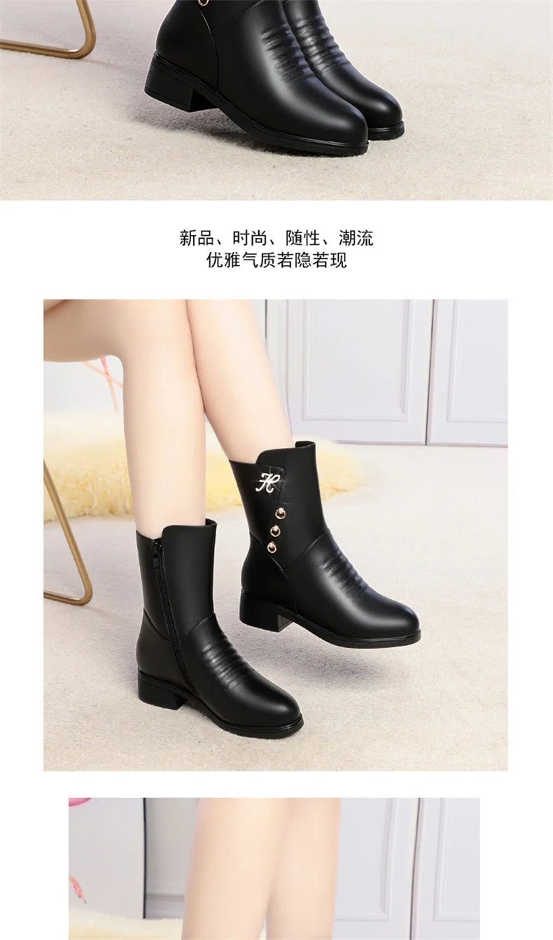 Soft Leather Boots for Women Autumn Winter with Plush Warm Side Zipper Round Toe High Heel Casual Anti-slip Mom Cotton Shoes - Buy online at  Vibe In Cart.