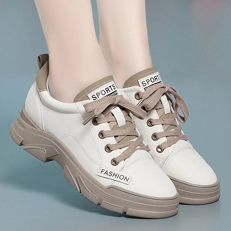2024 Spring Non-slip Soft Leather Sneaker Trekking Footwear New Women's Thick-soled Lace-up Leisure Skateboard Sports Shoes - Buy online at  Vibe In Cart.