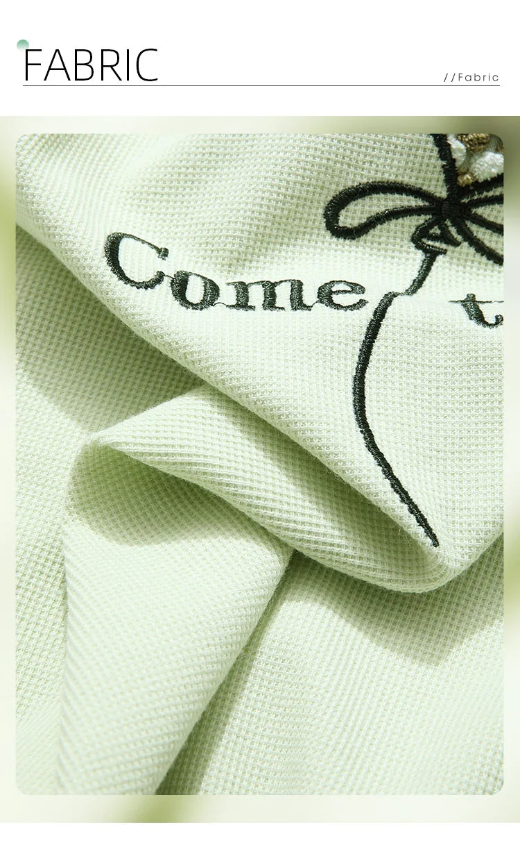 Women's Green Waffle Knitted Loose O-Neck Pullover Hoodie with Embroidery