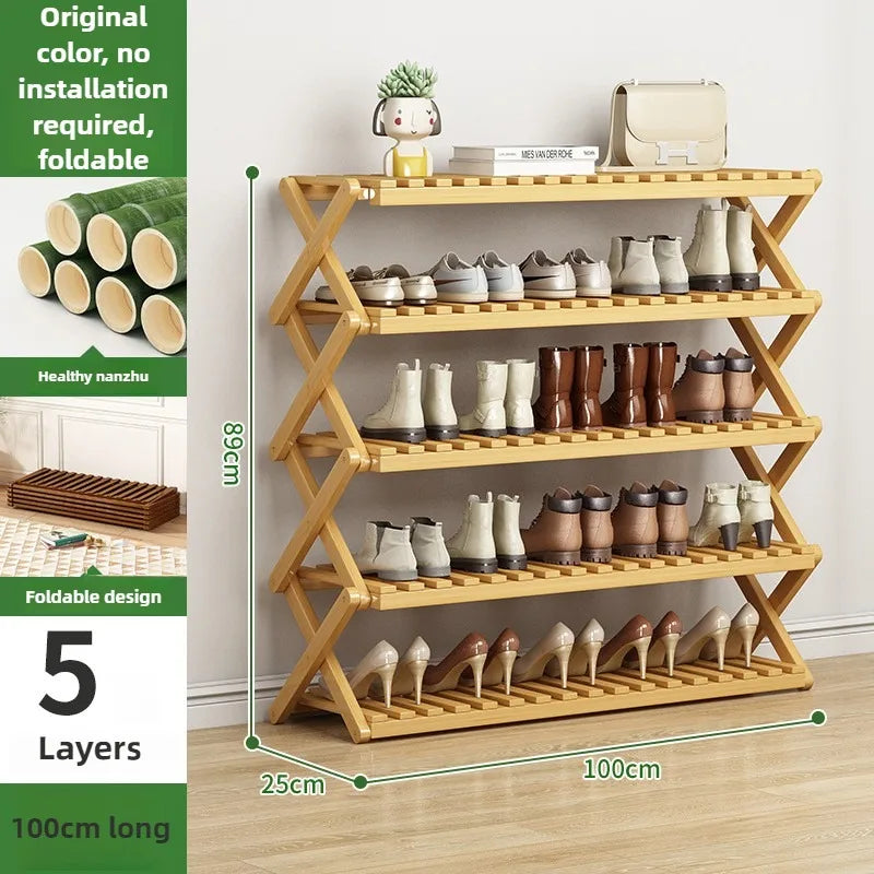Folding Multi-Level Bamboo Shoe Rack for Living Room Storage