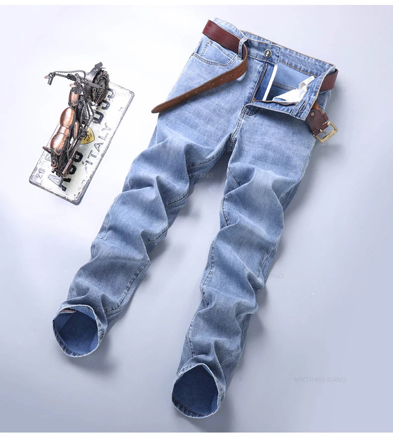 Spring Men's Light Blue Slim Casual Stretch Denim Jeans