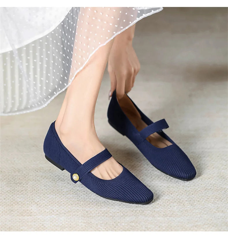 Women's Ankle Strap Weaving Ballerina Flats with Pearl