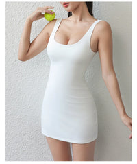 Women Workout Running Tennis Wear With Built in Bra and Shorts Pocket Slim Fit Outdoor Casual Sports Golf Athletic Dress