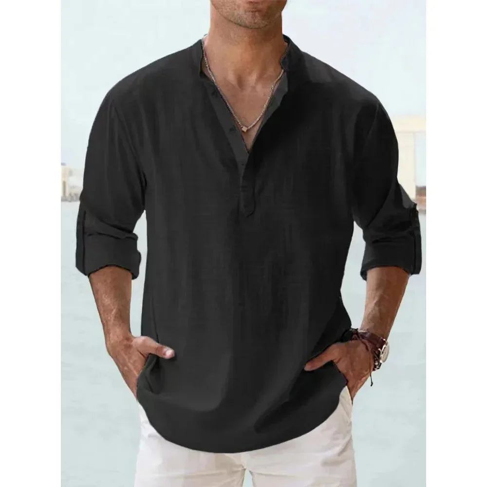 Cotton Linen Hot Sale Men's Short-Sleeved Shirts Summer Solid Color Henley Collar Casual Beach Style Hawaiian Vacation - Buy online at  Vibe In Cart.