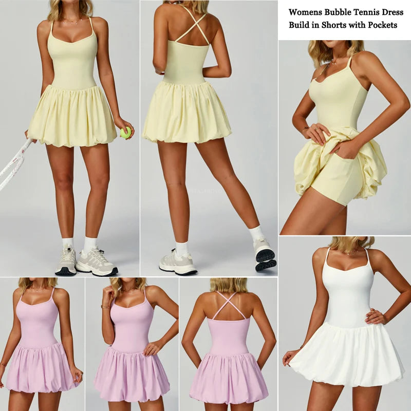 VITALINOVO Womens Spaghetti Strap Tennis Dress with Built-in Bra & Shorts Pockets V Neck Crisscross Athletic Golf Workout Dress