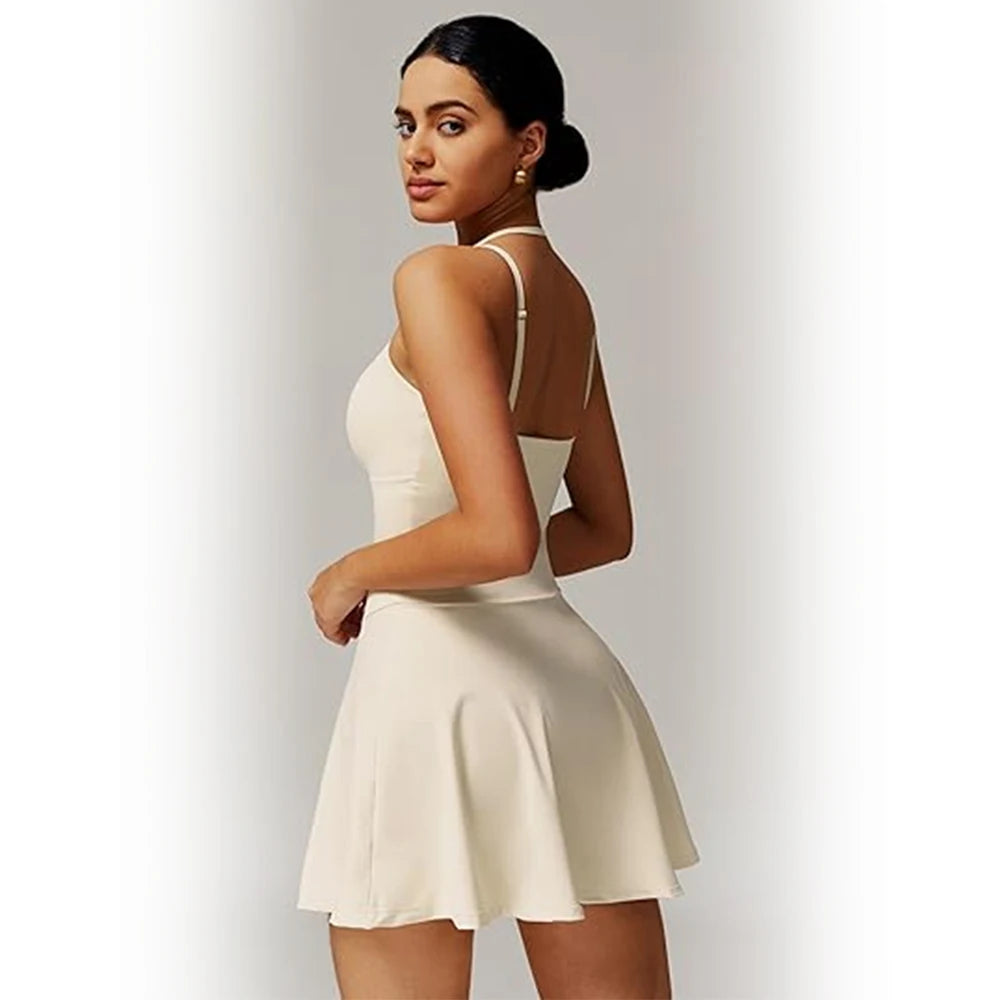 Womens Spaghetti Strap Tennis Dress with Built-in Shorts and Bra Golf Athletic Dress with Pockets