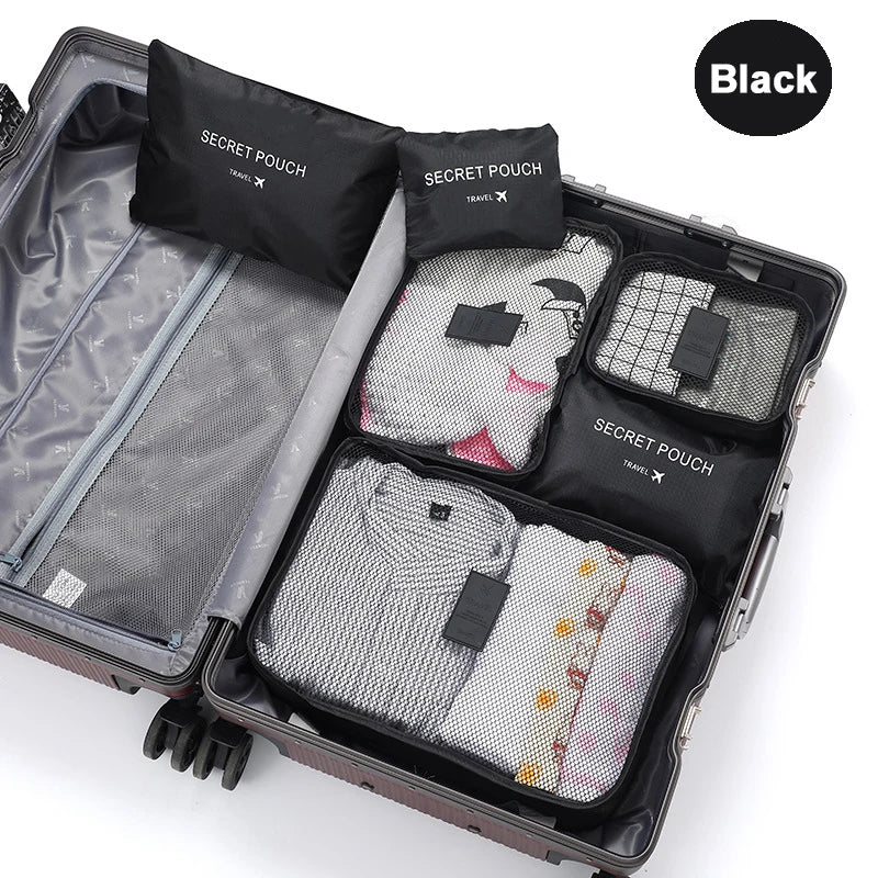 6-Piece Polyester Travel Packing Cubes Set in Black and Dark Blue with Shoe Pouch