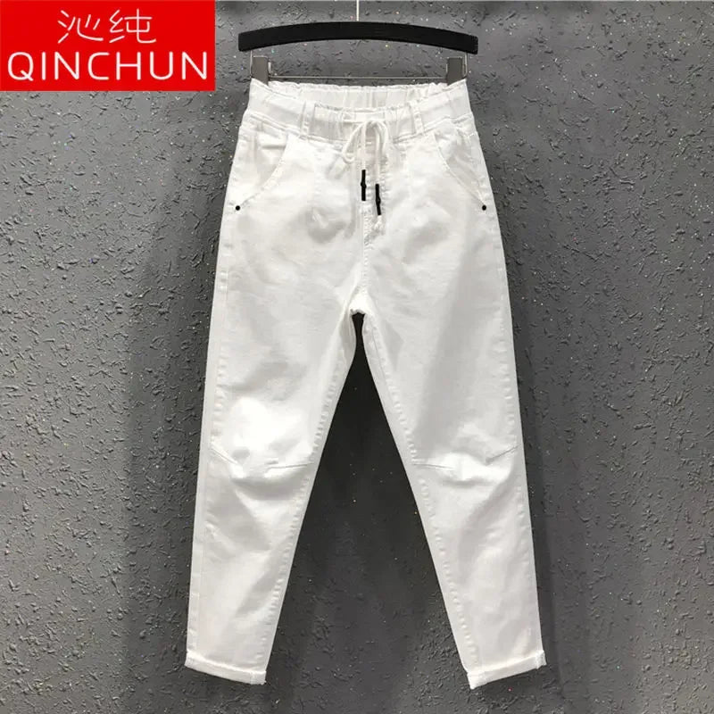 Women's White Straight Cotton Polyester Jeans Full Length