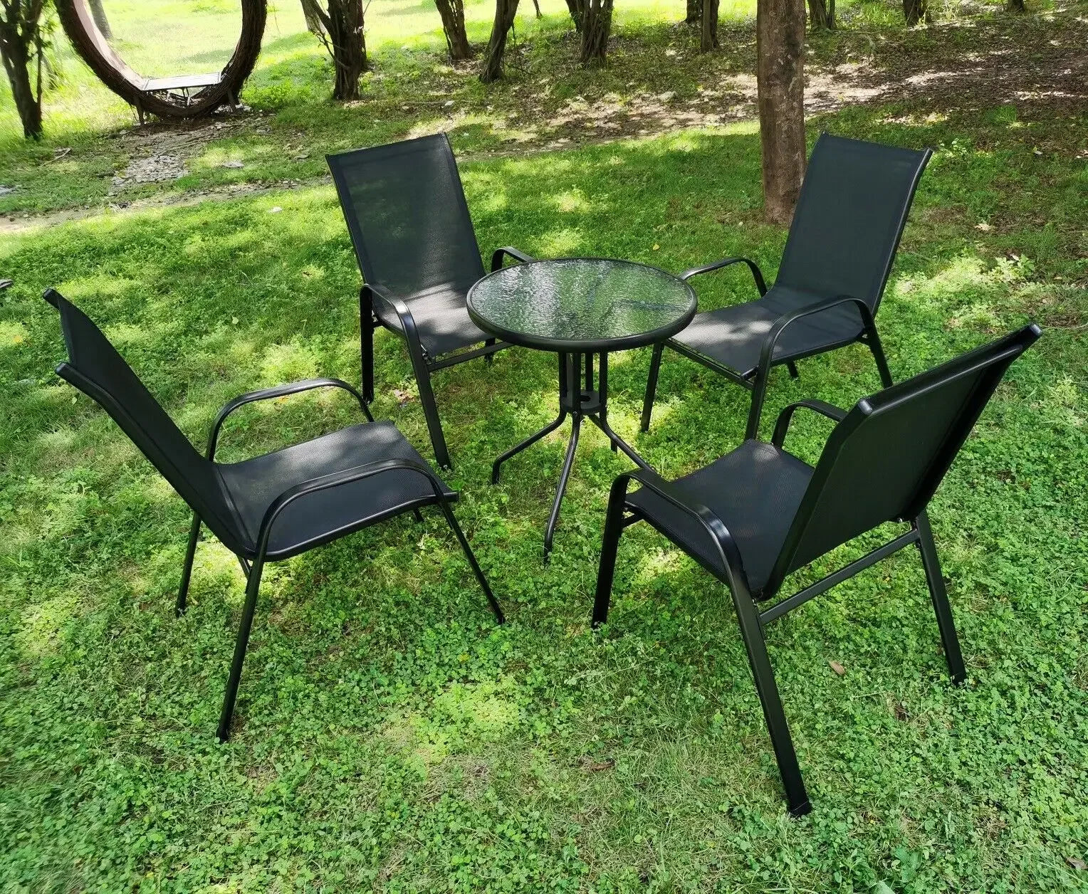 4 Metal Outdoor Chair Set Stackable Patio Textilene Dining Chair Stack Metal Frame Set of 4, Load Weight 150kg, Black,Brown,Gray - Buy online at  Vibe In Cart.