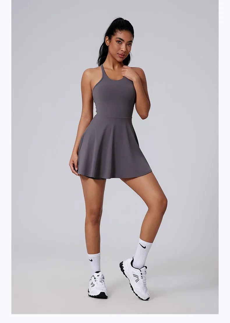Women Beautiful Back Tennis Dress With Chest Cushion&Shorts Dreathable Outdoor Yoga Golf Skirt Workout Running Badminton Dress