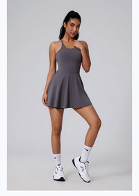 Women Beautiful Back Tennis Dress With Chest Cushion&Shorts Dreathable Outdoor Yoga Golf Skirt Workout Running Badminton Dress