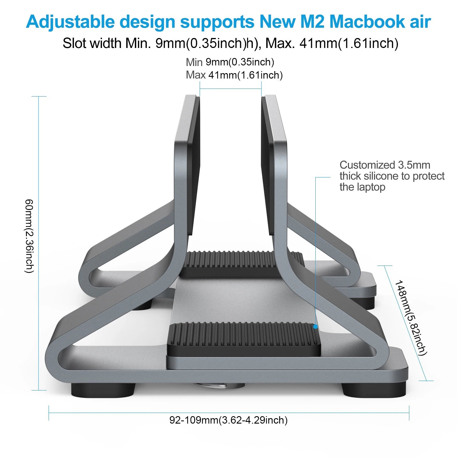 Vertical Adjustable Aluminum Laptop Stand with 0.35-1.6 Inch Width
