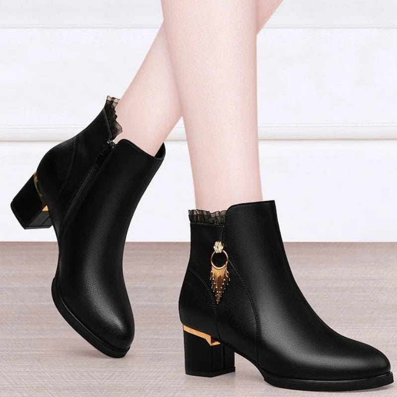 Autumn Winter Black Booties Elegant with Medium Heels Women's Ankle Boots Leather Warm Female Short Shoes Comfortable Boot Sale - Buy online at  Vibe In Cart.