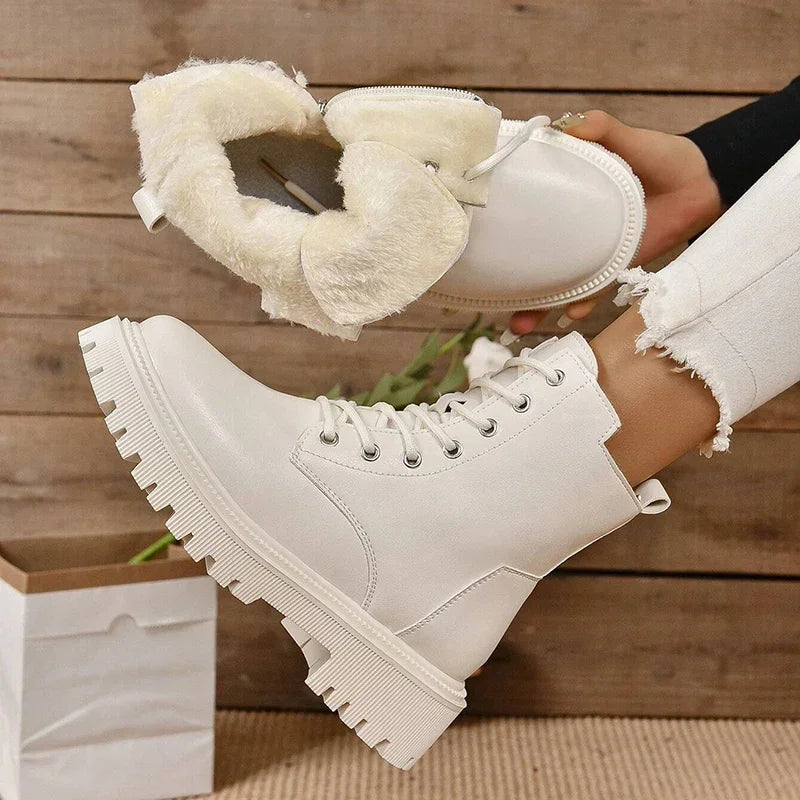 Winter Warm Short Plush Ankle Boots Women Fashion Zip Lace Up Platform Combat Boots Woman Comfy Low Heels Pu Leather Botas Mujer - Buy online at  Vibe In Cart.