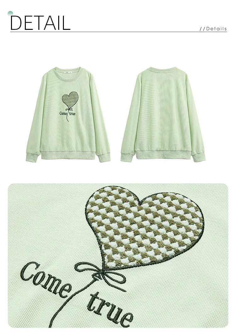 Women's Green Waffle Knitted Loose O-Neck Pullover Hoodie with Embroidery