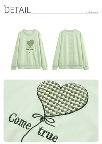 Women's Green Waffle Knitted Loose O-Neck Pullover Hoodie with Embroidery