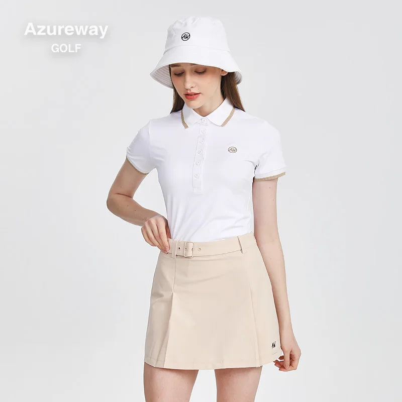 AW Golf Women's Summer Short Sleeved T-shirt Breathable Polo Lapel Tops Ladies High Waist Pleated Skirt A-Lined Golf Skorts Suit