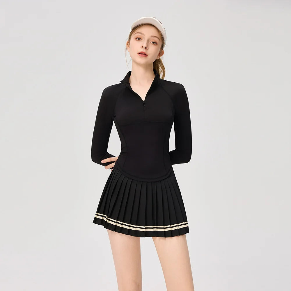 Women Long Sleeve Yoga Tennis Shirts Zipper Collar Workout Athletic Tops Ladies Slim Pleated Tennis Skirt Gym Short Skorts - Buy online at  Vibe In Cart.