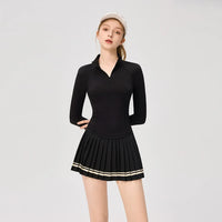 Women Long Sleeve Yoga Tennis Shirts Zipper Collar Workout Athletic Tops Ladies Slim Pleated Tennis Skirt Gym Short Skorts - Buy online at  Vibe In Cart.
