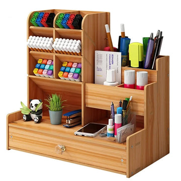 Wooden Pen Holder Desk Organizer With Storage Drawer