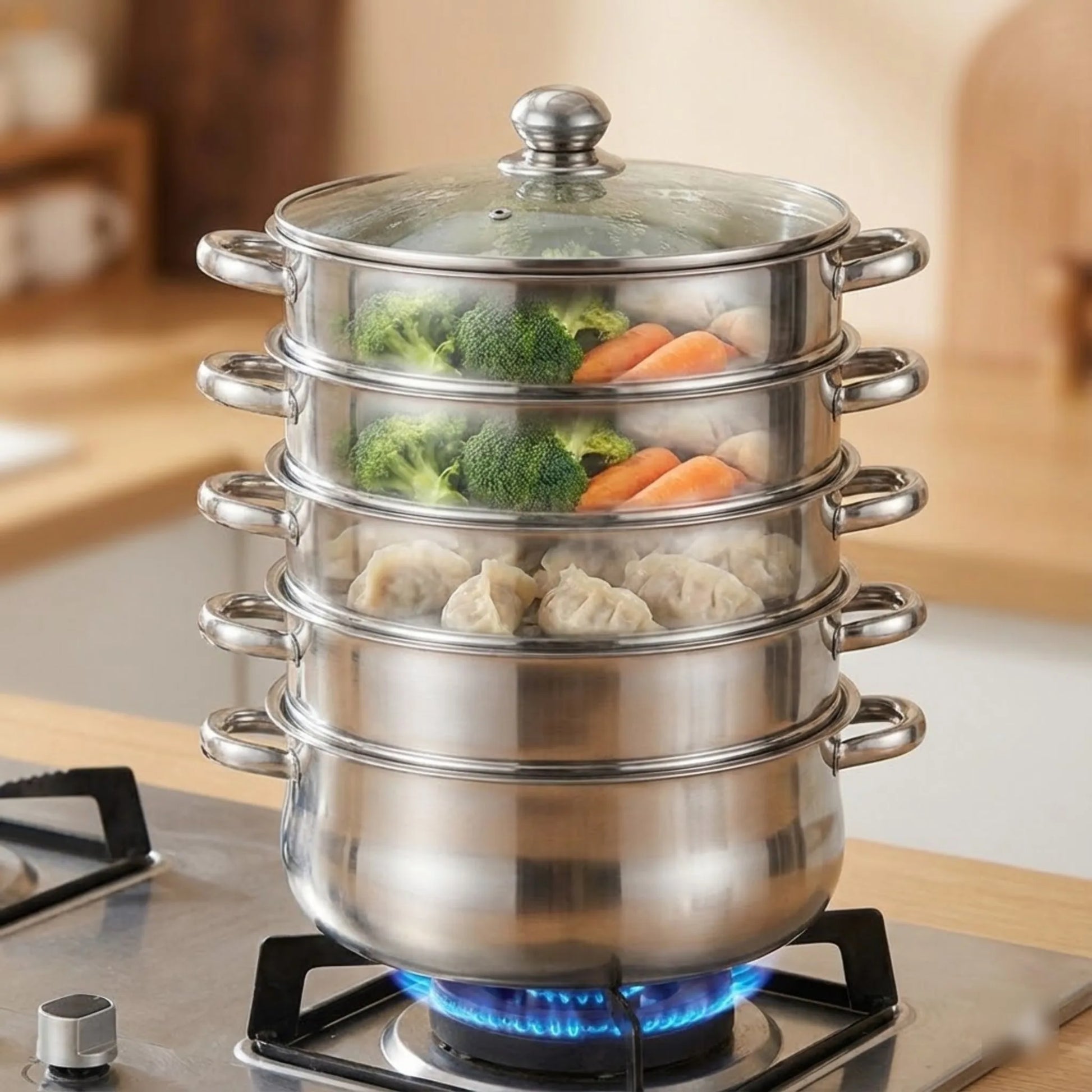5 Tier Stainless Steel Steamer Pot Set 28cm Large Capacity Stackable Cookware With Glass Lid For Home Kitchen - Buy online at  Vibe In Cart.