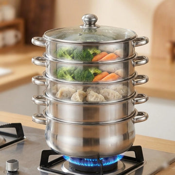 5 Tier Stainless Steel Steamer Pot Set 28cm Large Capacity Stackable Cookware With Glass Lid For Home Kitchen - Buy online at  Vibe In Cart.